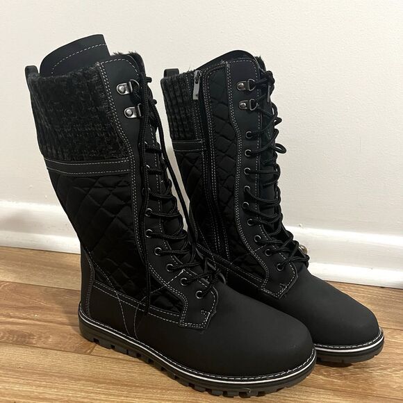 Polar Snow Boots Women's Size 9 Black Quilted Fur Lined Lace Up Winter Insulated - Picture 2 of 10